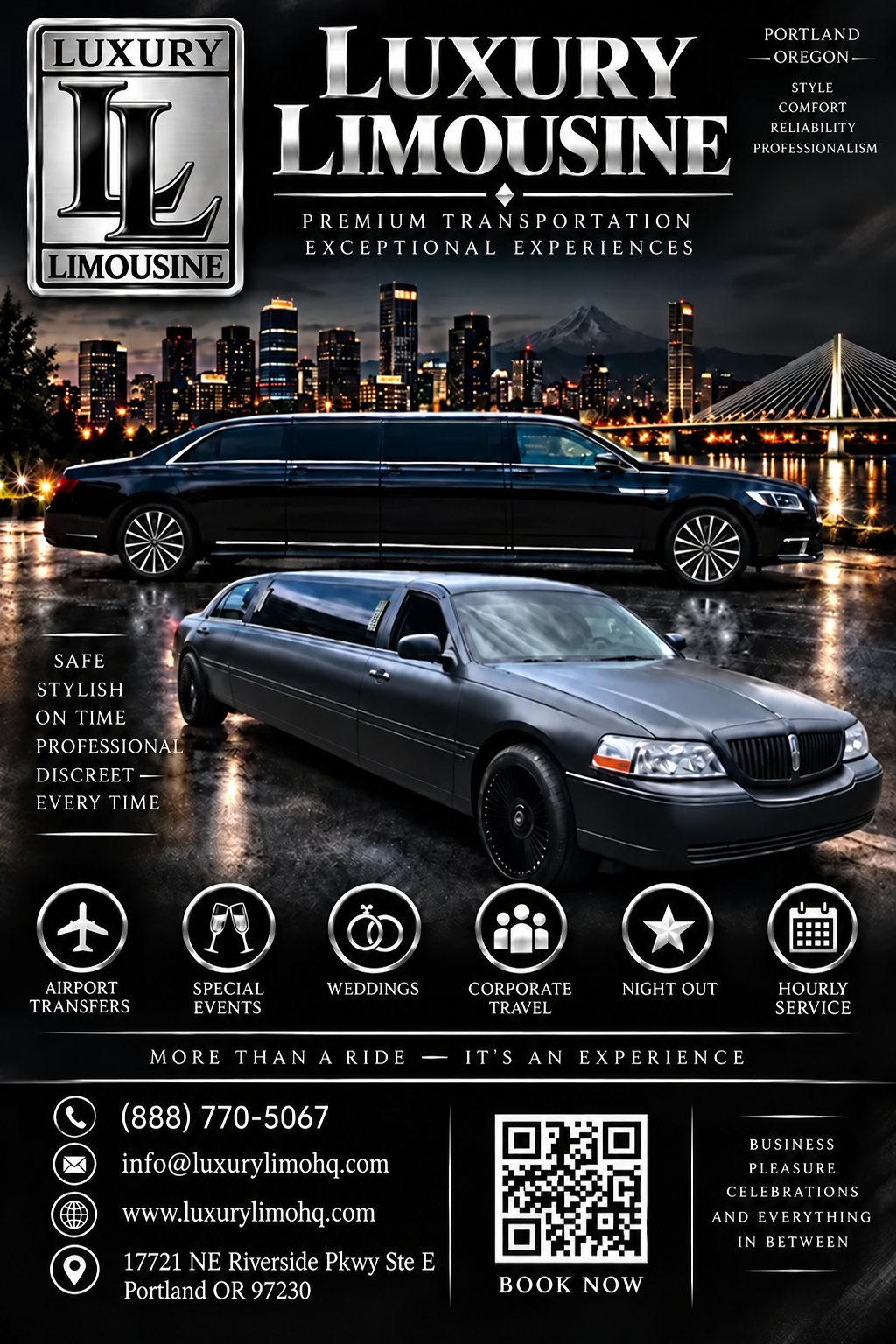 Luxury Limousine flyer: premium transportation in Portland, Oregon. Airport transfers, special events, weddings, corporate travel, night out and hourly service. Call (888) 770-5067.